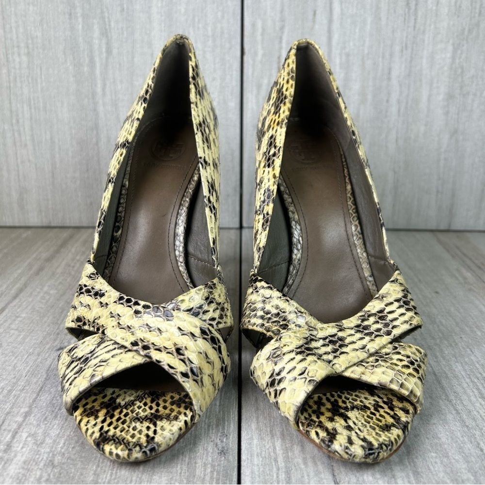 Tory Burch Snake Skin Pattern Open Peep Toe Heels Pumps Womens Size 8 - Picture 5 of 11